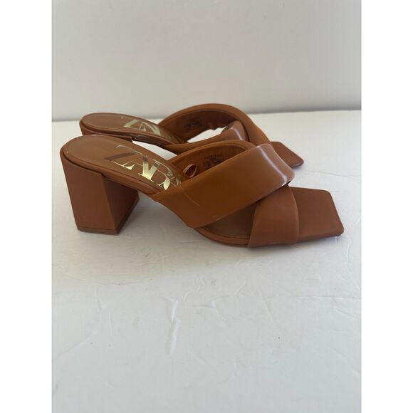 ZARA Puffed Twisted Leather Carmel Brown Mules Sandals Size 39 US 8.5 - Picture 3 of 7